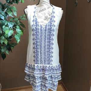 White & blue aztec print shift dress with ruffles